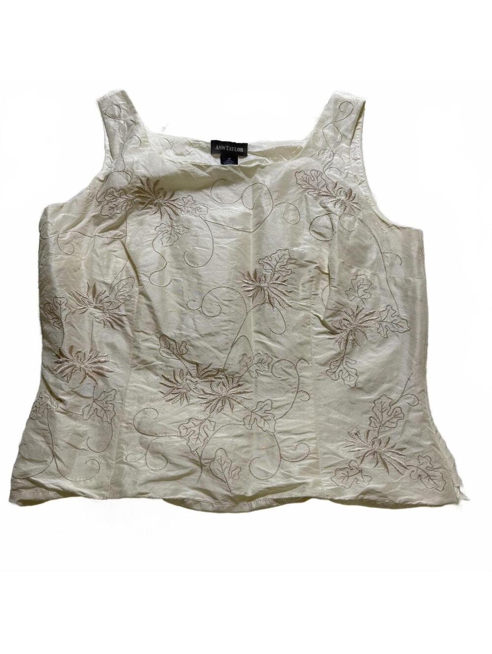 ANN TAYLOR SZ 12 100% Silk Off White Embroidered Sleeveless Lined Blouse Luxury